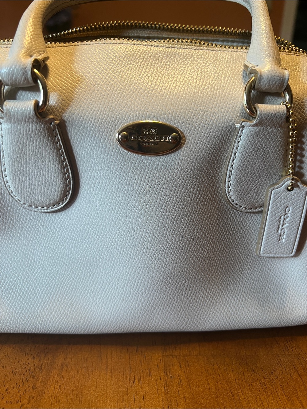 COACH Cream Pebble Leather Satchel with Polished Hardware